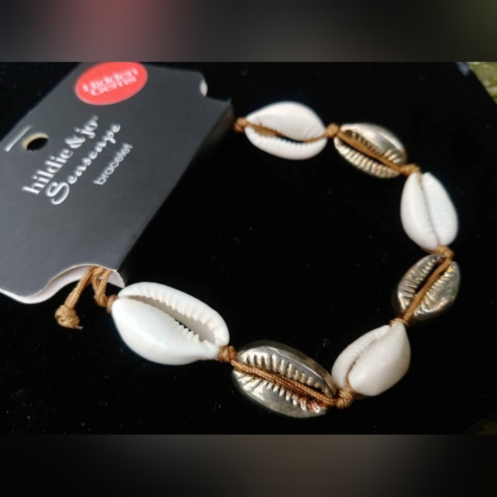 New Cowrie Shell Bracelet Natural and Gold tone on Cord